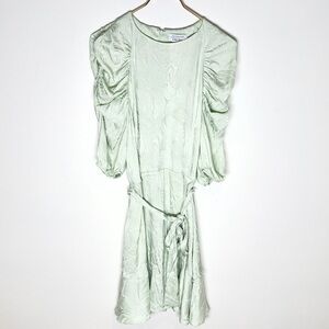 & Other Stories Mint Green Textured Puff Sleeve Jacquard Mini Dress Tie Belt 12